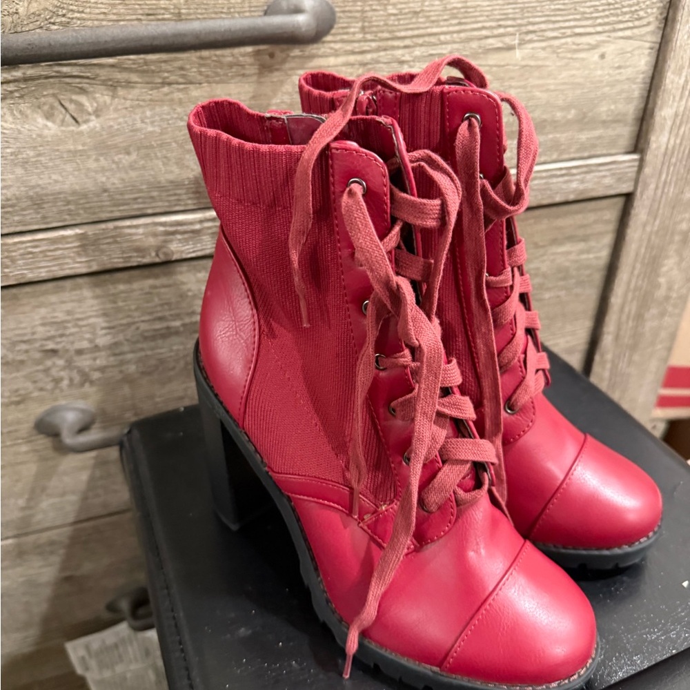 Red Lace-Up Block Heel Boots - Women